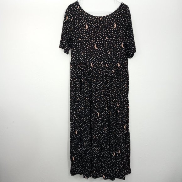 Vintage Romeo Star Moon Print Celestial Witchy Goth Boho Black Tiered Maxi Dress - Picture 5 of 14